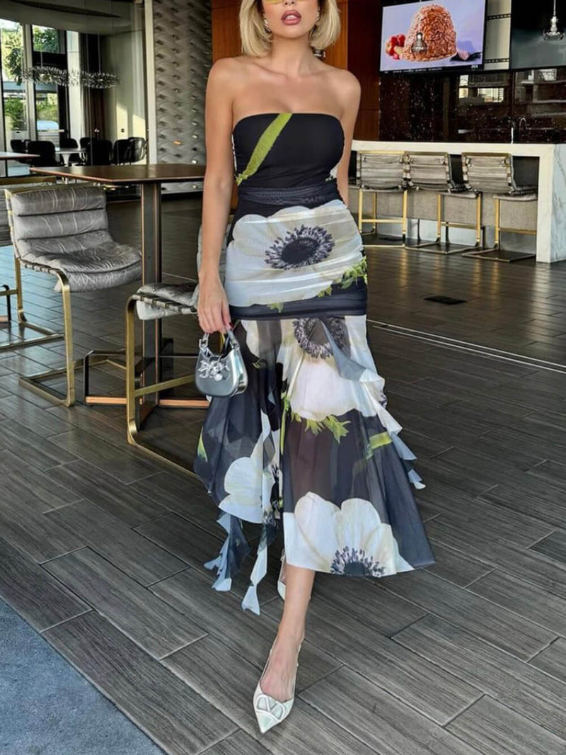 File Kaplama Çiçek Desenli Düşük Omuz Dantelli Fırfırlı Streç Midi Elbise