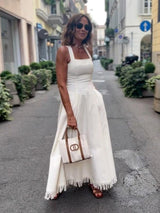 Boho Fringed White Maxi Dress with Pockets