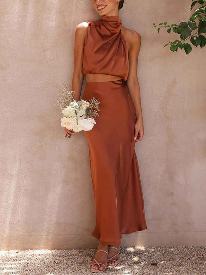 Saten Boyundan Bağlamalı Crop Top + Wrap Mini Etek