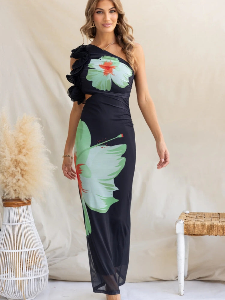 Fashion Print One-shoulder Maxi Dress
