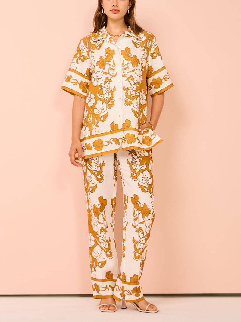Çiçek Desenli Günlük Kısa Kollu Pantolon Takım