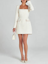 Zarif Kız Charm İnci Trim Yarık Kol Cep Mini Elbise