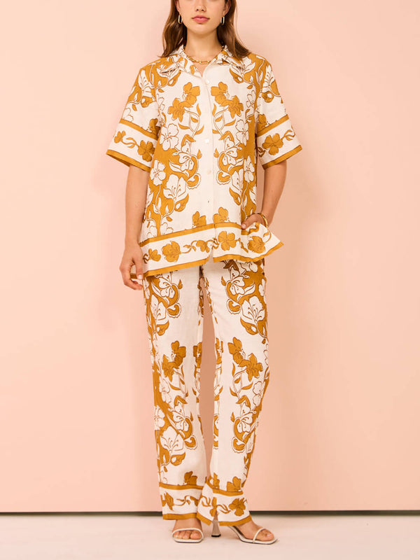 Çiçek Desenli Günlük Kısa Kollu Pantolon Takım