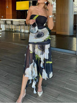 File Kaplama Çiçek Desenli Düşük Omuz Dantelli Fırfırlı Streç Midi Elbise