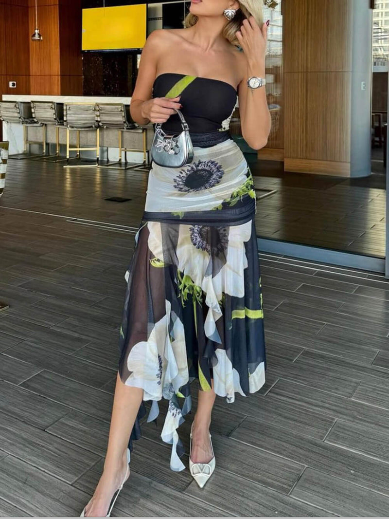 File Kaplama Çiçek Desenli Düşük Omuz Dantelli Fırfırlı Streç Midi Elbise