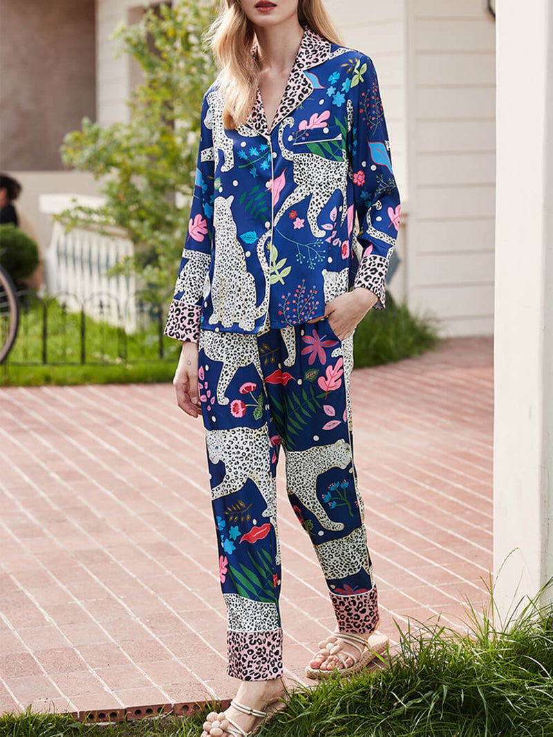 Mavi Kar Leoparı Desenli Pijama Takımı