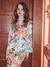 Beyaz Orman Bahçesi Desenli Buz İpek Uzun Kollu Lounge Giyim Seti