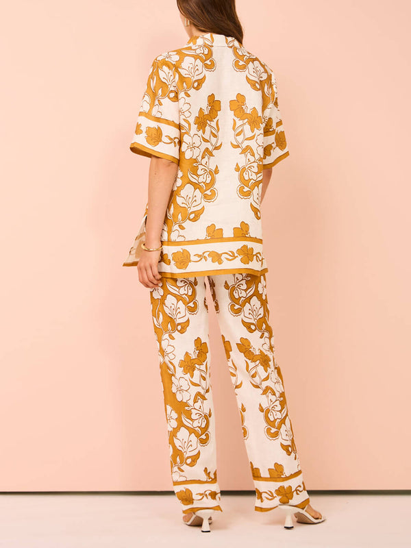 Çiçek Desenli Günlük Kısa Kollu Pantolon Takım