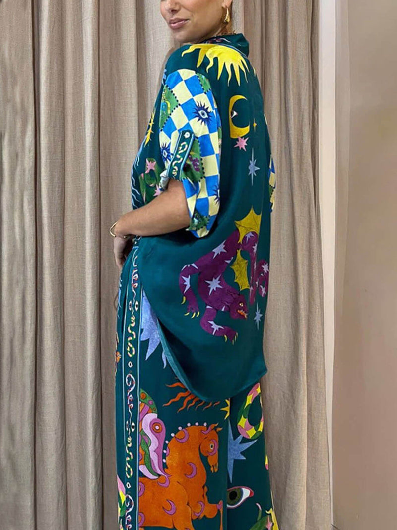 Benzersiz Baskı Elastik Bel Cepli Geniş Paça Pantolon Takım