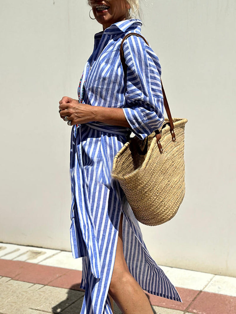 Splendor Çizgili Baskılı Düğmeli Yarım Kol Kemerli Gömlek Midi Elbise