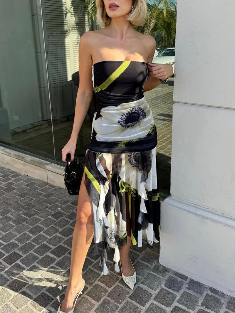 File Kaplama Çiçek Desenli Düşük Omuz Dantelli Fırfırlı Streç Midi Elbise