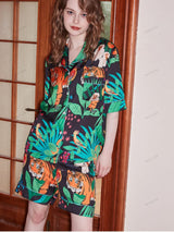 Kaplan ve Maymun Desenli Buz İpek Kısa Kollu Lounge Giyim Seti