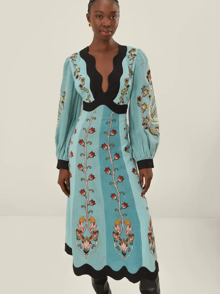 Kolsuz Keten Düşük Bel Midi Elbise