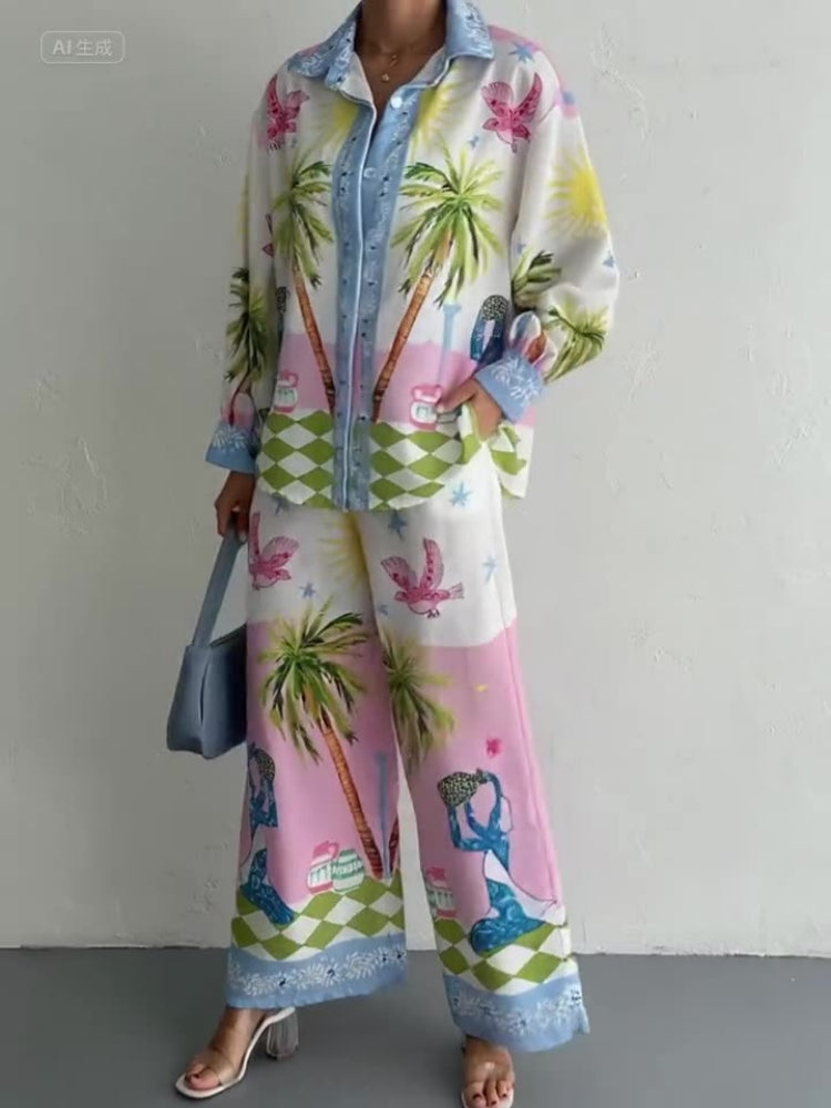 Beach-Inspired Palm Tree Pants Set