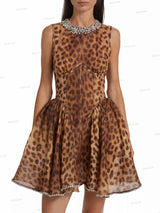Leopar Desenli Yuvarlak Yaka Kristal Elbise