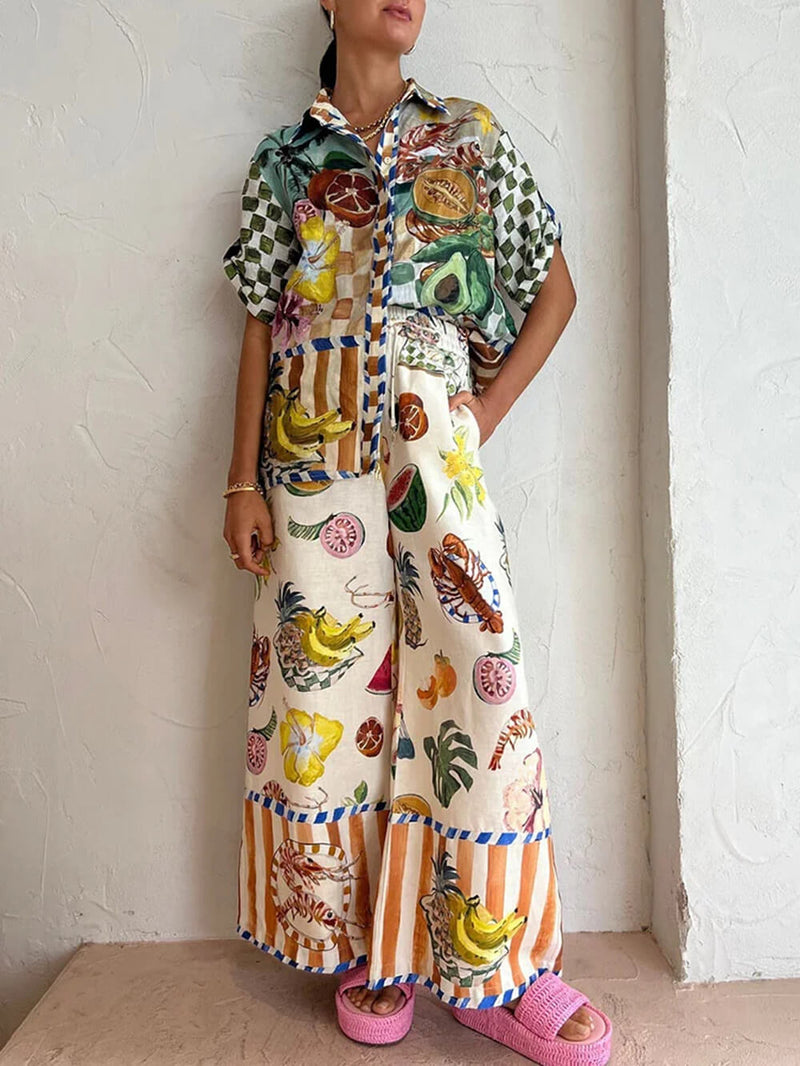 Sanatsal Renkli Meyve Baskı Gündelik İki Parçalı Set