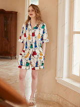 Saçak Desenli Buz İpek Kısa Kollu Lounge Giyim Seti