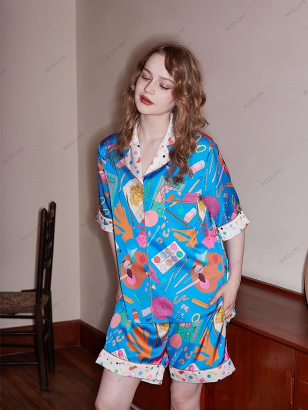 Kırtasiye Baskı Günlük Kısa Kollu Rahat Giyim Seti - Mavi