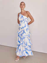 Tek Omuzlu Askılı Çiçek Desenli Elbise