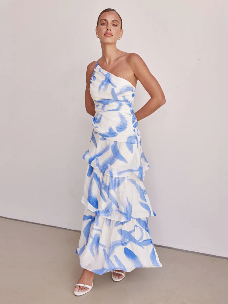 Tek Omuzlu Askılı Çiçek Desenli Elbise