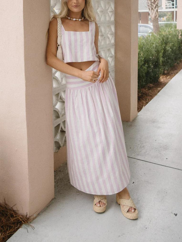 Pink And White Striped Skirt Set