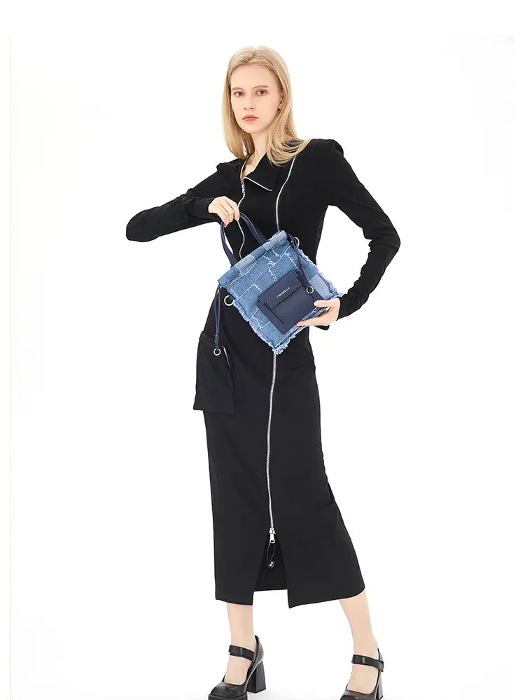 Denim Patchwork Lucky Bucket Crossbody Tote