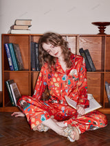 Tatlı Baskılı Uzun Kollu Buz İpeği Ev Giyimi Seti