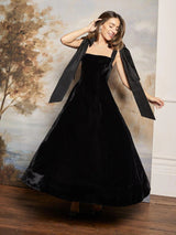 Kolsuz Keten Düşük Bel Midi Elbise