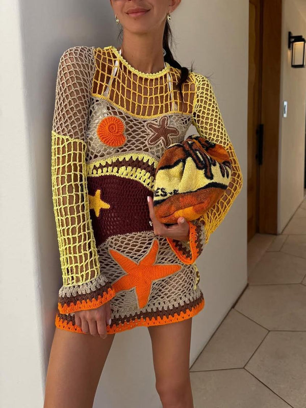 Mercan Resifi İlhamlı Desenli Kroşe Mini Elbise