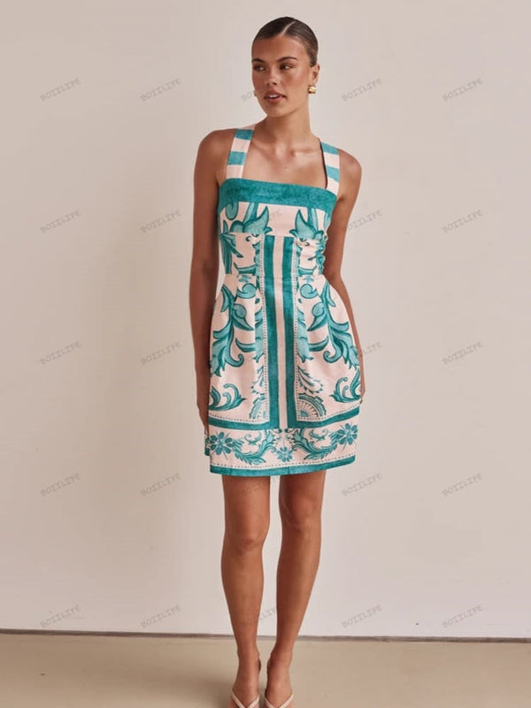 Trendy Rahat Baskılı Spagetti Askılı Mini Elbise