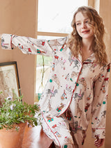 Sirk Desenli Buz İpeği Uzun Kollu Ev Giyimi Seti