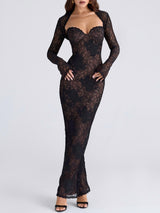 Black Stretch Lace Corseted Bodice Maxi Dress