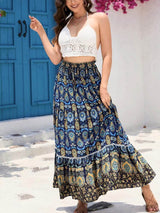 Bohem Büzgülü Mavi Yüksek Bel Etek