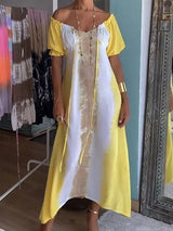 Sarı Batik V Yaka Büzgülü Maxi Elbise