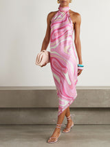 Halter-Neck Printed Satin-Twill Midi Dress