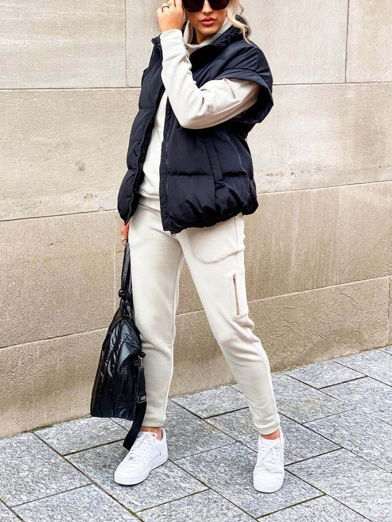 Moda Stand-up Yaka Banliyö Fermuar Cep Pamuk Yelek Ceket