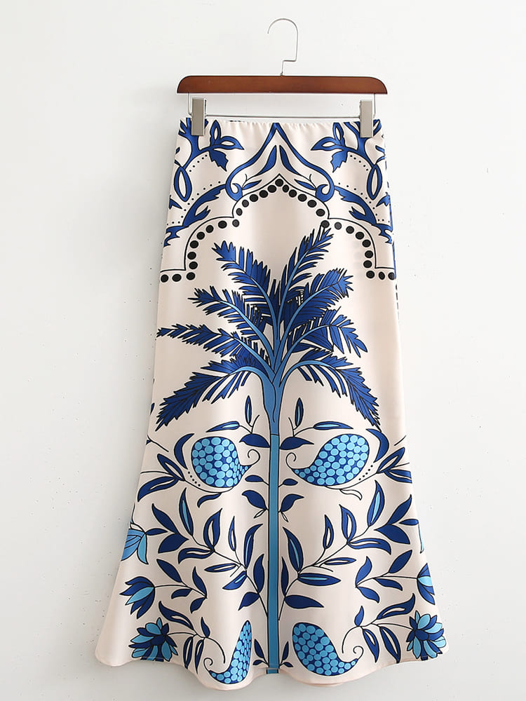 Moda Baskılı V Yaka Uzun Kollu Kırpılmış Üst ve Etek Takımı