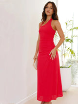 Günlük Düz Renk Kolsuz Sırtı Açık Boyundan Bağlamalı Midi Elbise