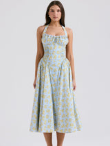 Yumuşak Mavi Vintage Çiçek Desenli Sırtı Açık Tank Elbise