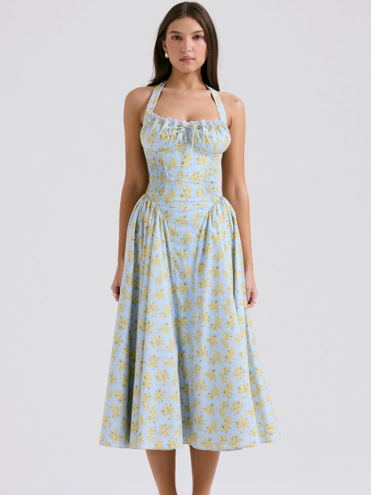 Yumuşak Mavi Vintage Çiçek Desenli Sırtı Açık Tank Elbise