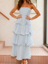 Şık Askısız Sırt Dekolteli Katmanlı Midi Elbise