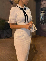 Tüvit İnci Trim Fiyonklu Tasarım Resmi Midi Elbise