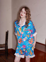 Kırtasiye Baskı Günlük Kısa Kollu Rahat Giyim Seti - Mavi