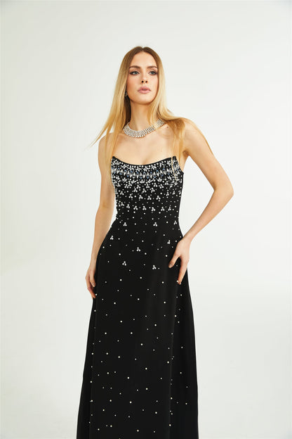 Elegant Siyah İşlemeli Maxi Elbise