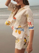 Benzersiz Tatil Halk Çiçek Baskı Gevşek Şort İki Parçalı Set