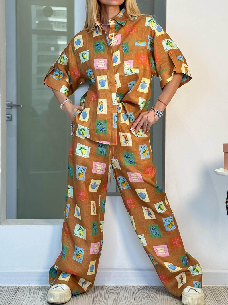 Etnik Botanik Çiçek Desenli Bol Paça Pantolon