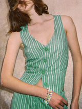 Çizgili V Yaka Kolsuz Takım Elbise Yelek Üst