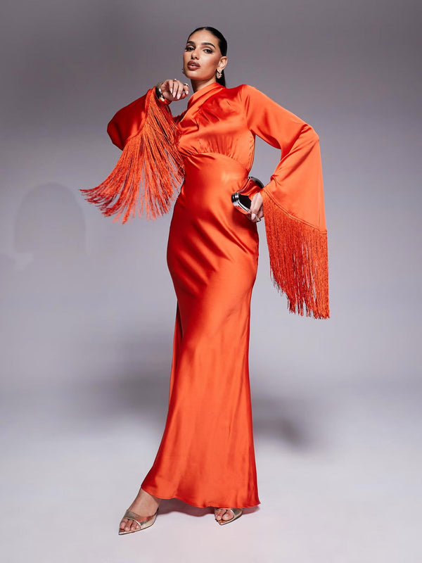 Draped Neck Fringe Sleeve Satin Maxi Dress