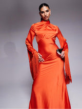 Draped Neck Fringe Sleeve Satin Maxi Dress