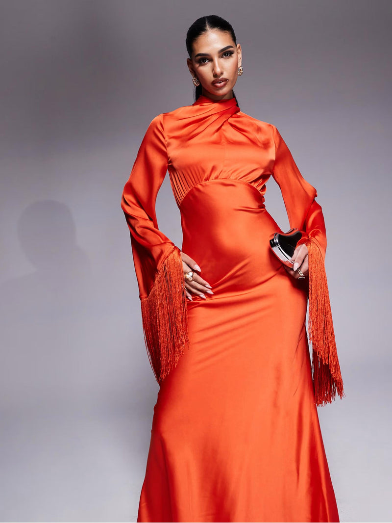 Draped Neck Fringe Sleeve Satin Maxi Dress